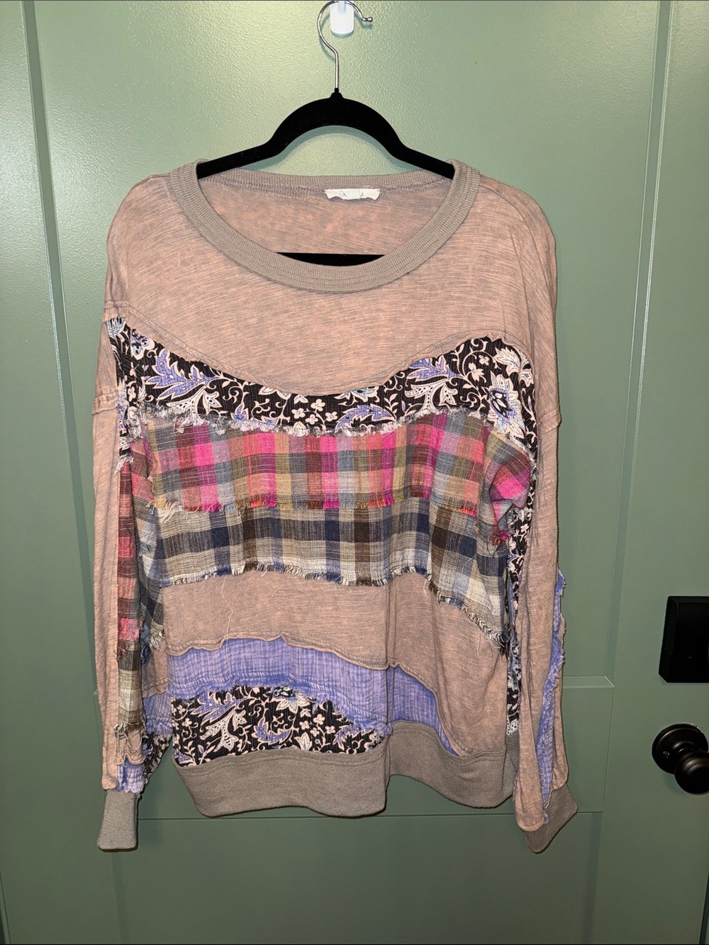 Neutral Patchwork Long-Sleeve Women's Top - Mixed Prints